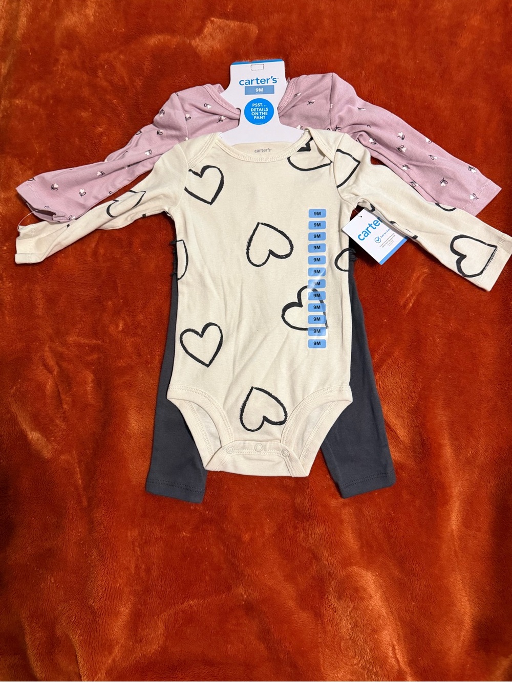 Carter's Cream Heart Print, Pink Floral & Charcoal One-Piece Bodysuit Set